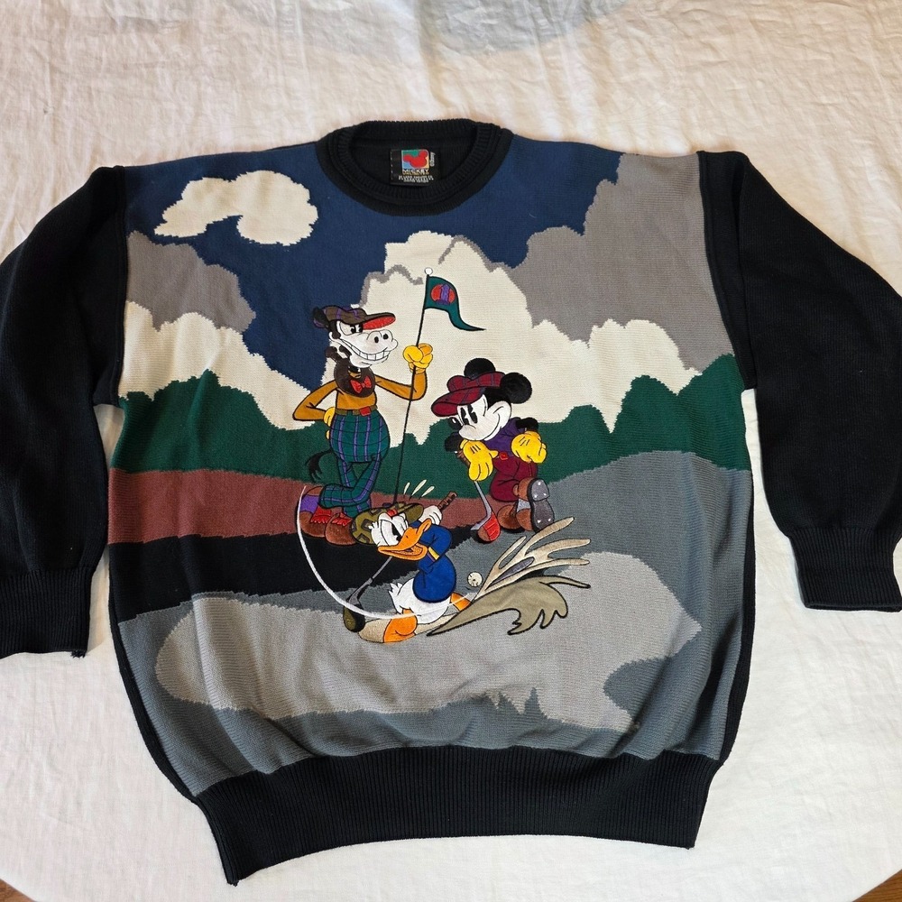Vintage Disney Mickey Unlimited Golf Sweater Men M Goofy Donald Duck Lario Rate - Picture 1 of 12